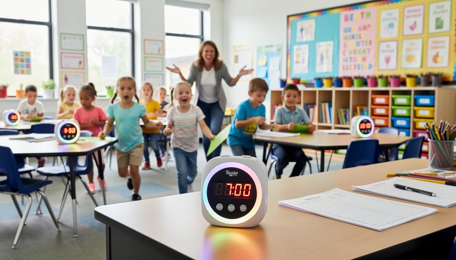 Teacher using interactive presentation with timer sounds for classroom management