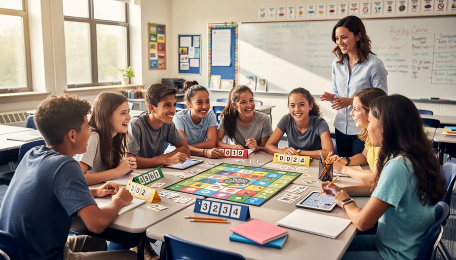 High school students engaged in an interactive classroom review game during college prep session