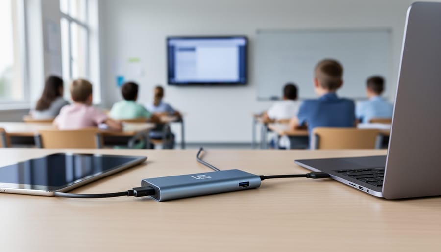 Close-up of a USB-C hub on a teacher’s desk connecting a laptop, a tablet, and a wall-mounted interactive display, with students and a whiteboard softly out of focus in the background.