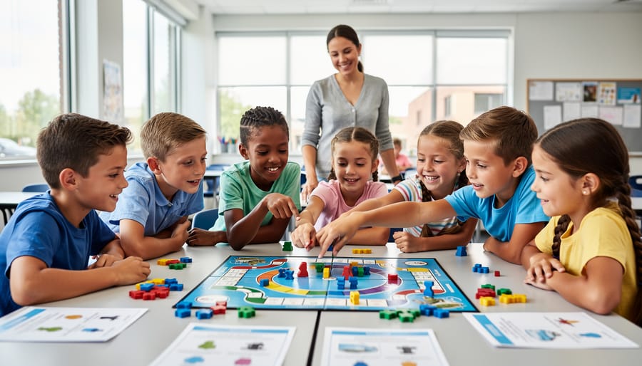 Overhead view of students working collaboratively in small groups during classroom activity
