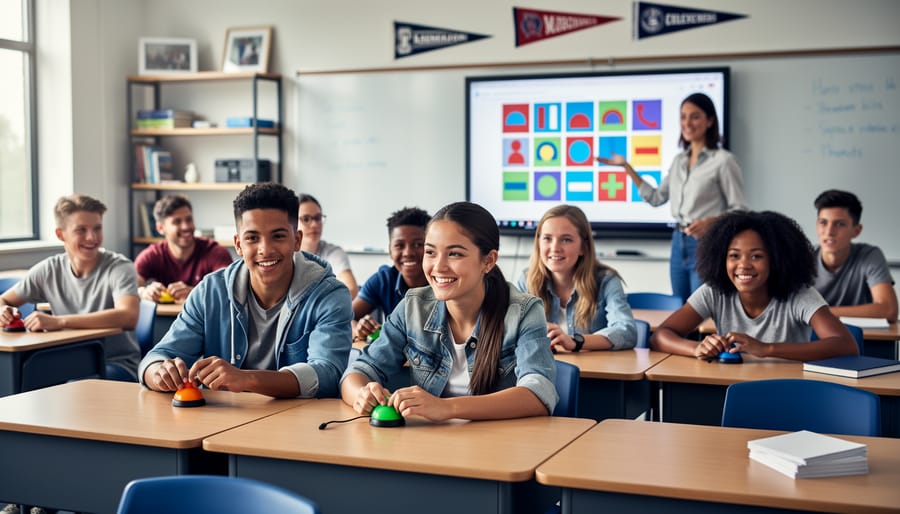 Students play a team-based review game with buzzers in a modern classroom while a teacher guides; a large screen displays colorful tiles without text and blurred shelves, whiteboard, pennants, and a stack of plain flashcards in the background.