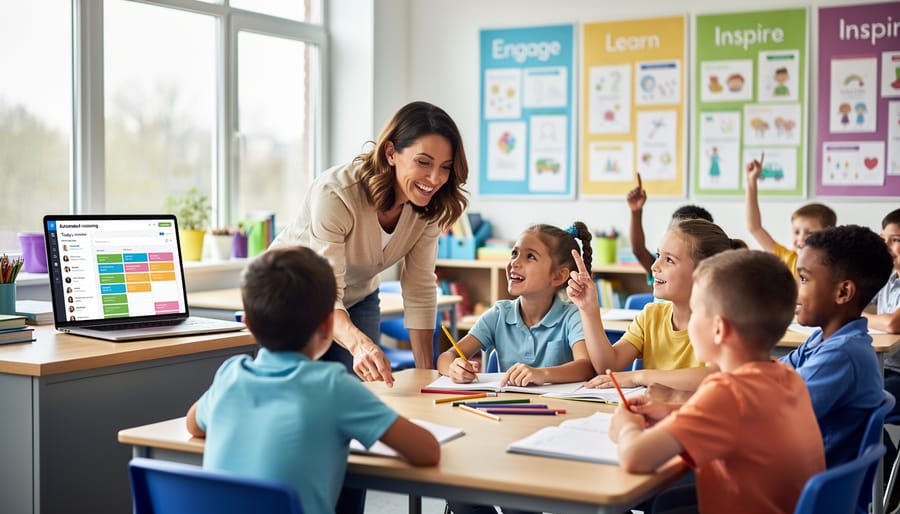 Confident teacher standing in front of engaged classroom of students