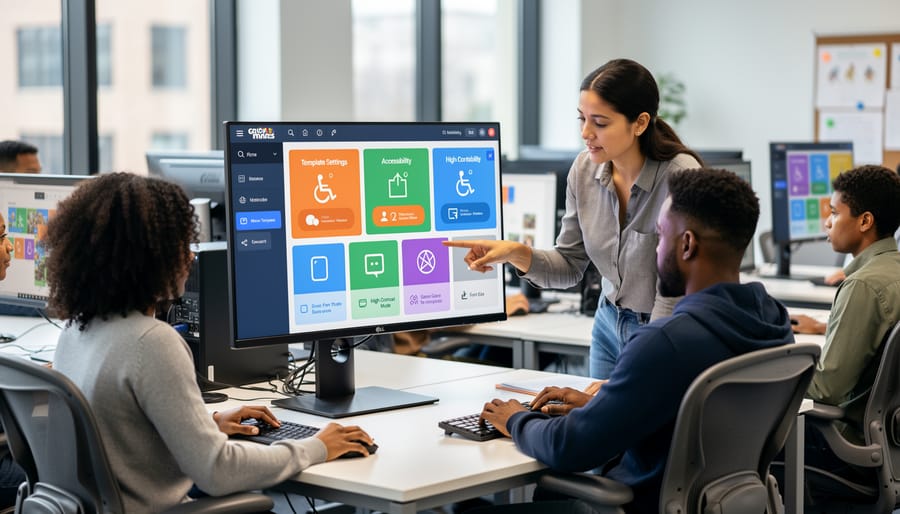 Teacher customizing educational game template on laptop with high-contrast settings and large text