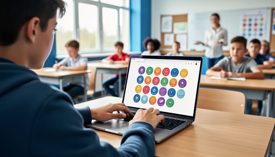 Over-the-shoulder view of a middle-school student using a laptop that shows colorful digital badge icons, with a teacher and diverse classmates blurred in a bright, modern classroom.