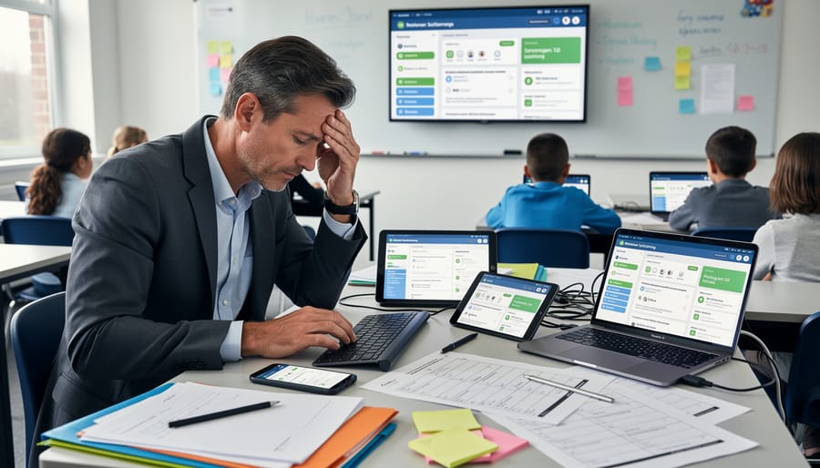 Teacher's desk with laptop, tablet, and smartphone showing different educational applications