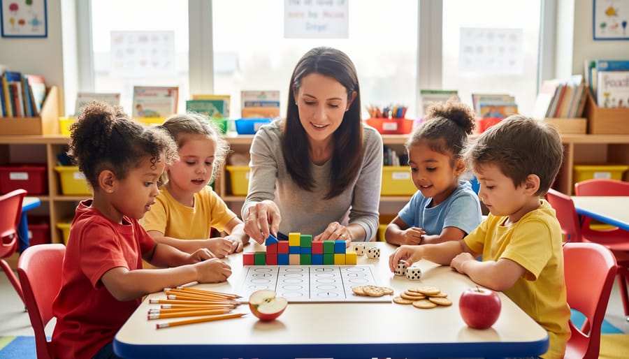 Diverse K-2 children and a teacher count blocks, pencils, and snacks at a classroom table while two kids roll pipped dice on an unbranded game board under soft natural light, with shelves and posters blurred in the background.