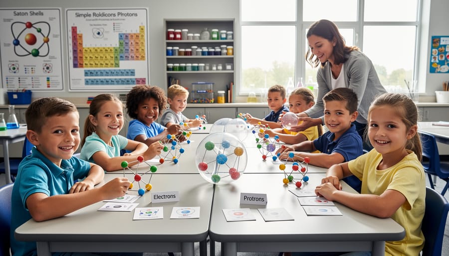 Elementary students working together on hands-on science activity with manipulatives on classroom floor