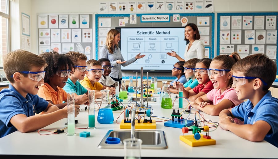 Elementary students enthusiastically raising hands during interactive classroom science activity