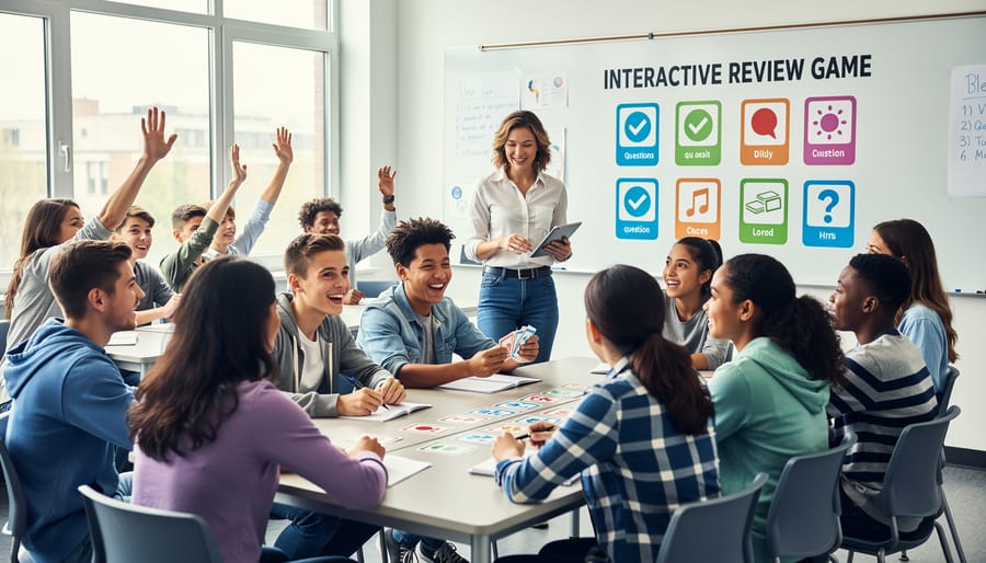 Elementary students enthusiastically raising hands during classroom review game