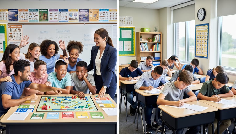 Group of diverse students sitting in circle with raised hands during classroom game activity