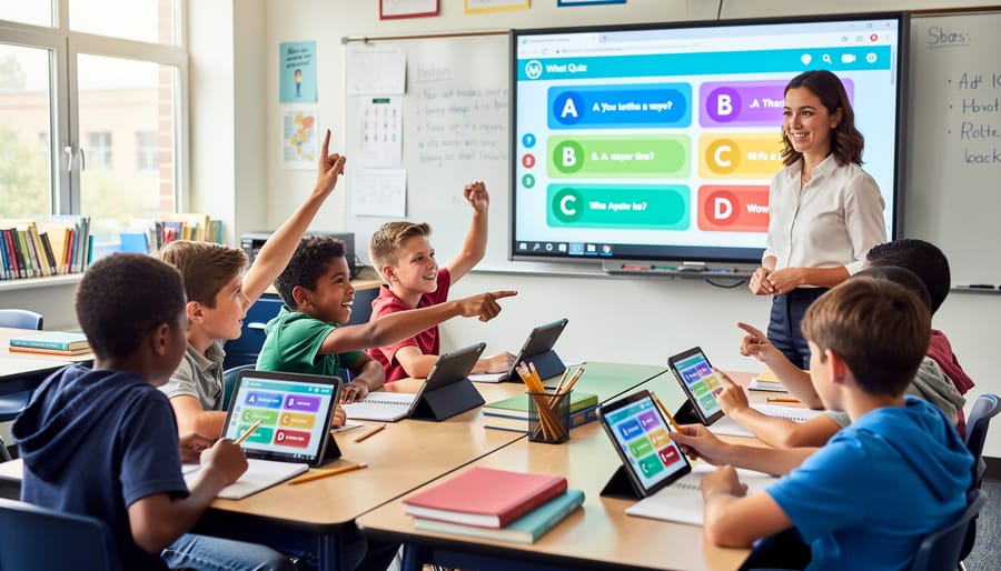 Students enthusiastically participating in classroom review game activity