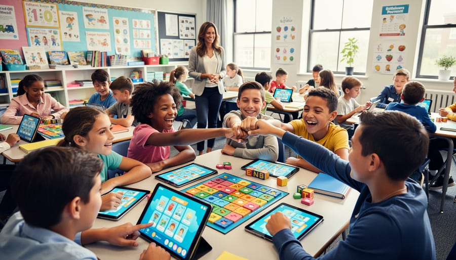 Group of enthusiastic elementary students with raised hands gathered around classroom desk