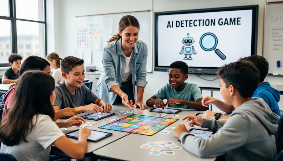 Teacher leading interactive classroom discussion with students actively participating
