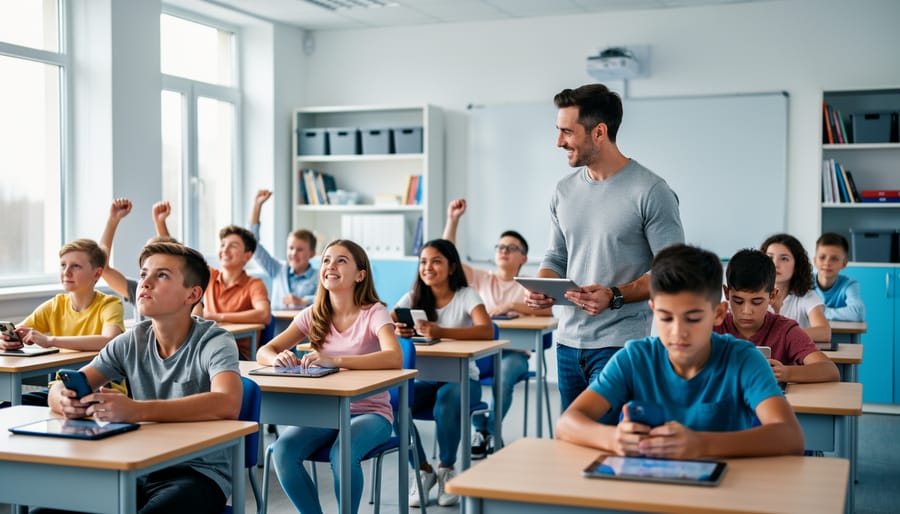 Teacher walking between desks holding a tablet while diverse students use tablets and phones, some raising hands, in a bright classroom with soft daylight and no visible on-screen text.