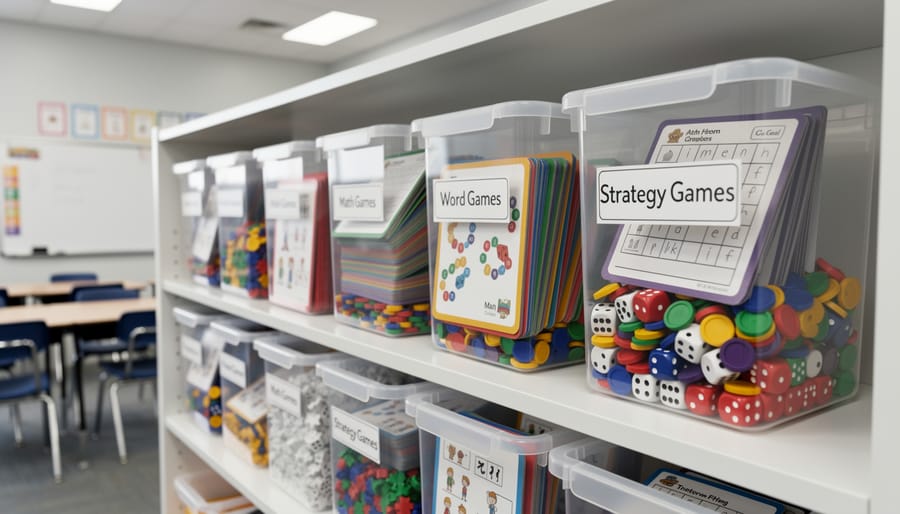 Organized clear storage containers holding various printed game components on shelf