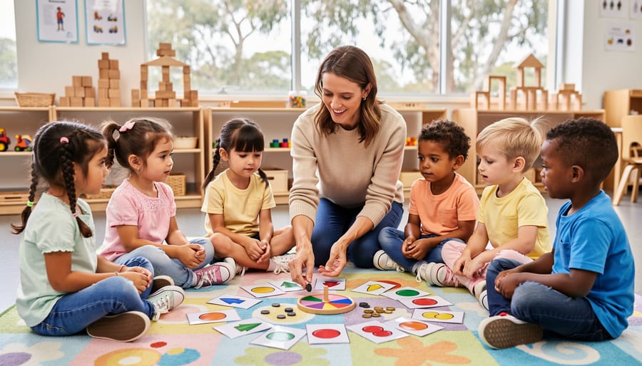 Teacher and diverse preschool children sit in a circle on a colorful rug, using laminated color-matching cards, a spinner, and tokens during a classroom activity in Liverpool, NSW, with soft daylight and shelves and wooden toys in the background.