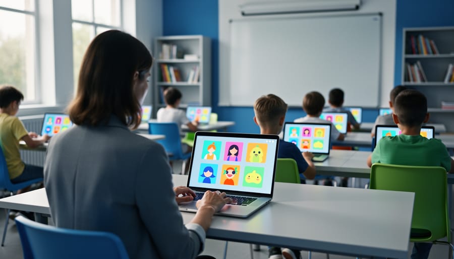 Teacher at a laptop starting a game-based lesson as students use tablets; screens show colorful avatar icons with no text in a bright classroom with a blurred whiteboard.