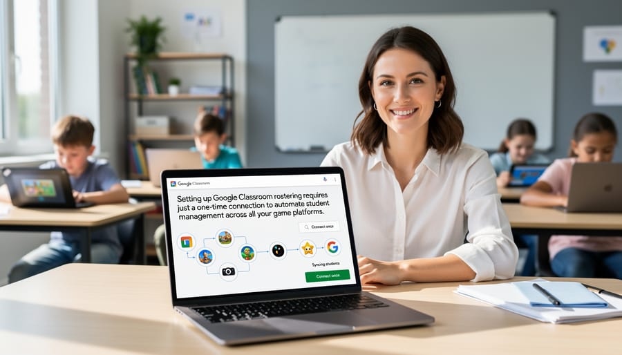 Teacher working on laptop to set up Google Classroom integration