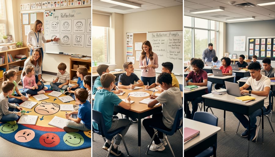 Teacher engaging with diverse group of students in positive classroom discussion
