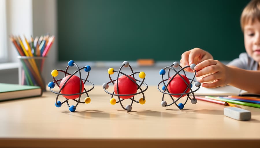 Close-up of three clay atom models on a classroom desk, each with a central red proton and zero, one, or two gray neutrons, with a blank chalkboard and a child’s hands blurred in the background.