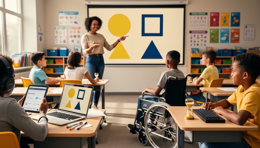 Teacher points to a high-contrast projected slide as diverse students participate; one uses headphones with a tablet, another uses a braille display, and a student in a wheelchair sits nearby, with a laptop and hourglass timer visible.