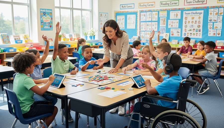 Diverse group of elementary students enthusiastically raising hands during classroom activity
