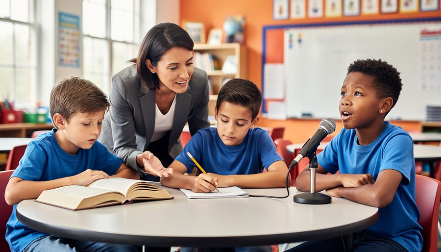 Elementary teacher at a round table with three 3rd–5th grade students—one reading an open book, one writing in a notebook, and one speaking into a small tabletop microphone—with softly blurred classroom shelves and a whiteboard behind them.