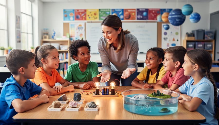 Teacher with diverse upper elementary students assembling a simple electrical circuit at a classroom table, with rock samples and a water cycle model nearby, in a bright room with blurred science posters and a solar system model in the background