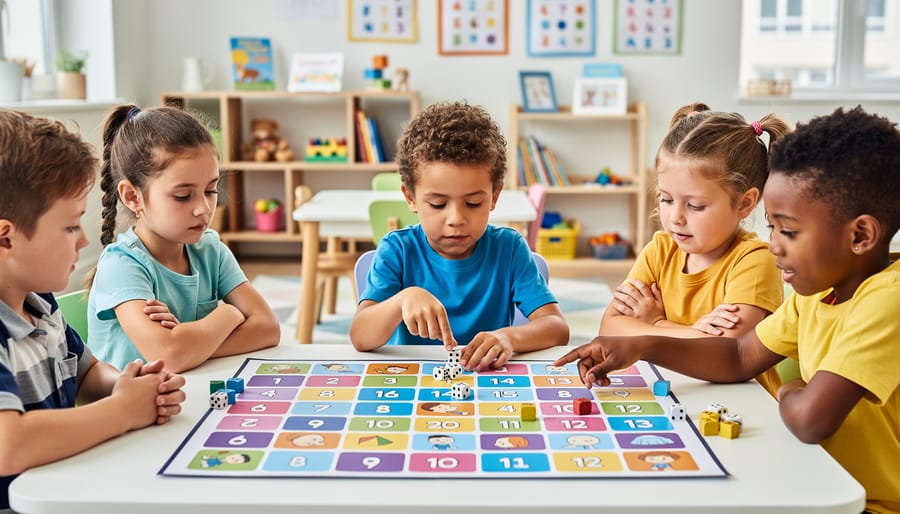 Kindergarten students playing educational board game together on classroom floor