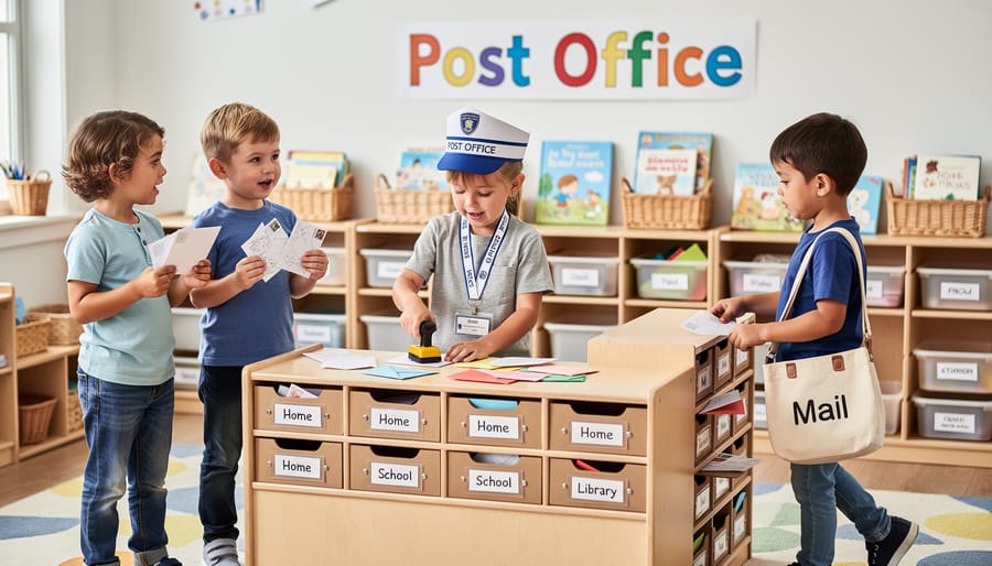 Kindergarten child engaged in dramatic play at classroom post office learning center