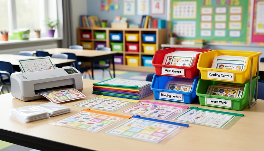 Teacher laminating printed educational game cards at classroom desk