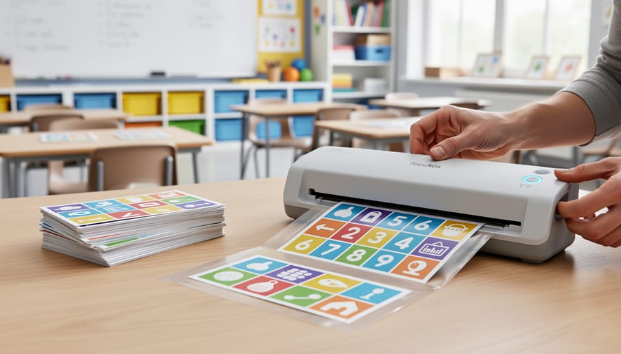 Teacher's hands laminating printed game board with laminating sheets and tools