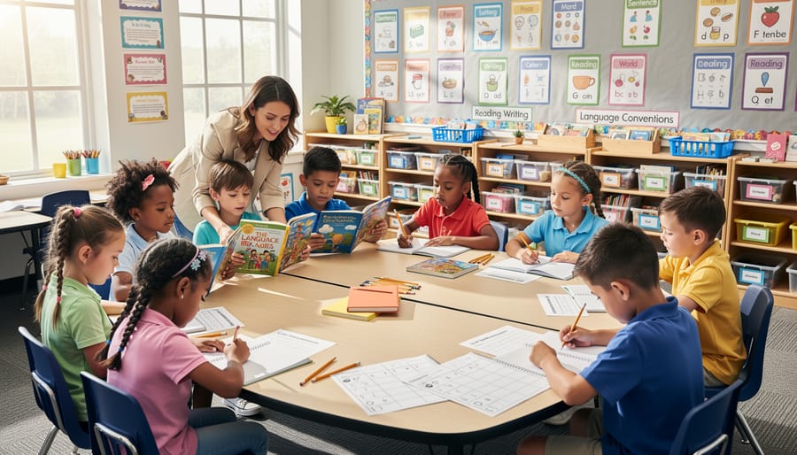 Overhead view of elementary student's desk with books, writing materials, and learning resources