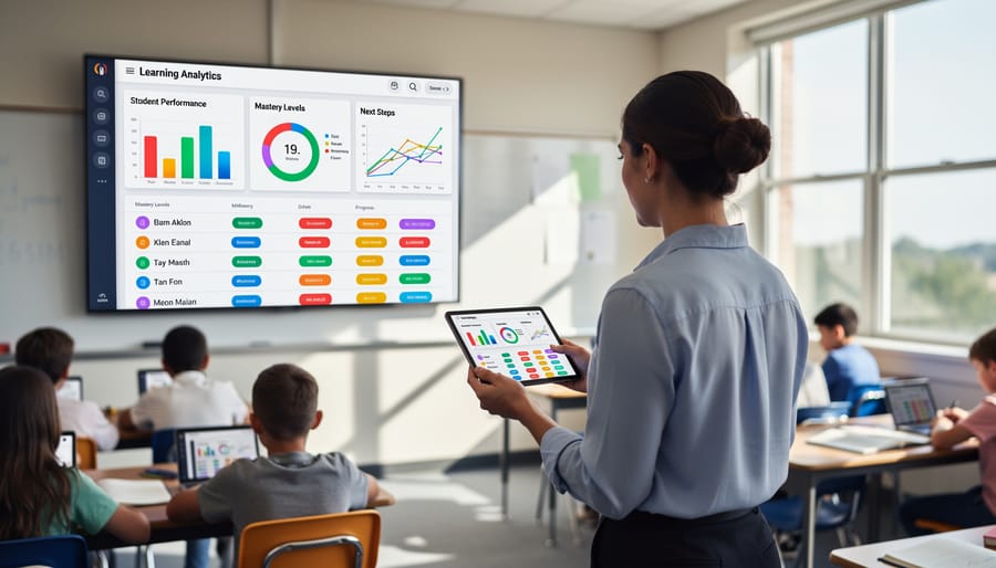 Teacher viewing student performance dashboard on tablet showing learning analytics
