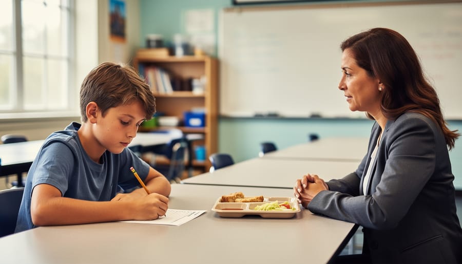 Middle school student writing during lunch detention while a supportive teacher sits beside them, lunch tray on the table, classroom background softly blurred with no readable text.