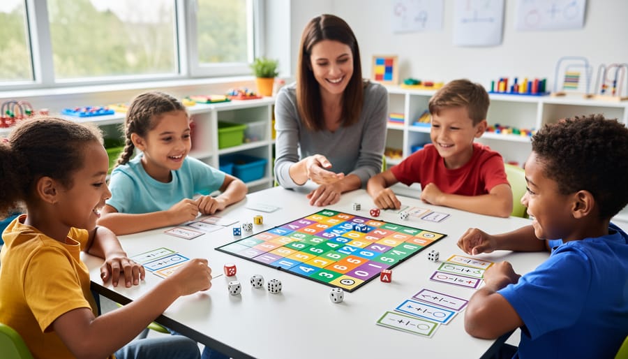 Young students playing educational math board game together in classroom