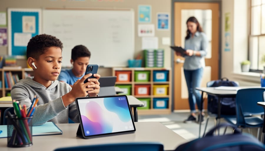 Foreground student uses a smartphone for a quick learning activity while another student uses a tablet and the teacher takes attendance in the background; eye-level medium-wide shot with soft natural light and shallow depth of field in a modern classroom.
