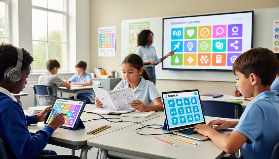 Student hands holding various learning materials including visual cards and whiteboard
