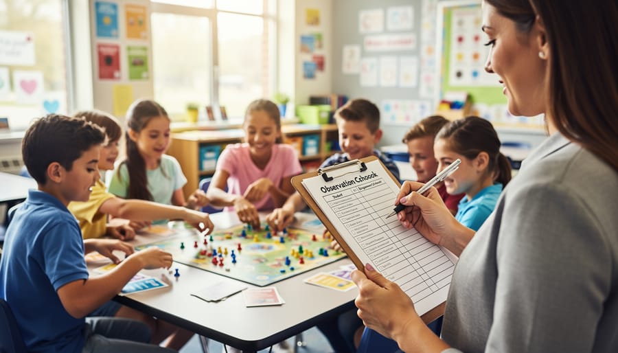 Teacher's hands holding observation checklist on clipboard during classroom activity
