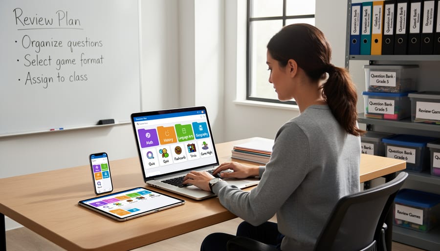Overhead view of organized teacher workspace with laptop and categorized question materials