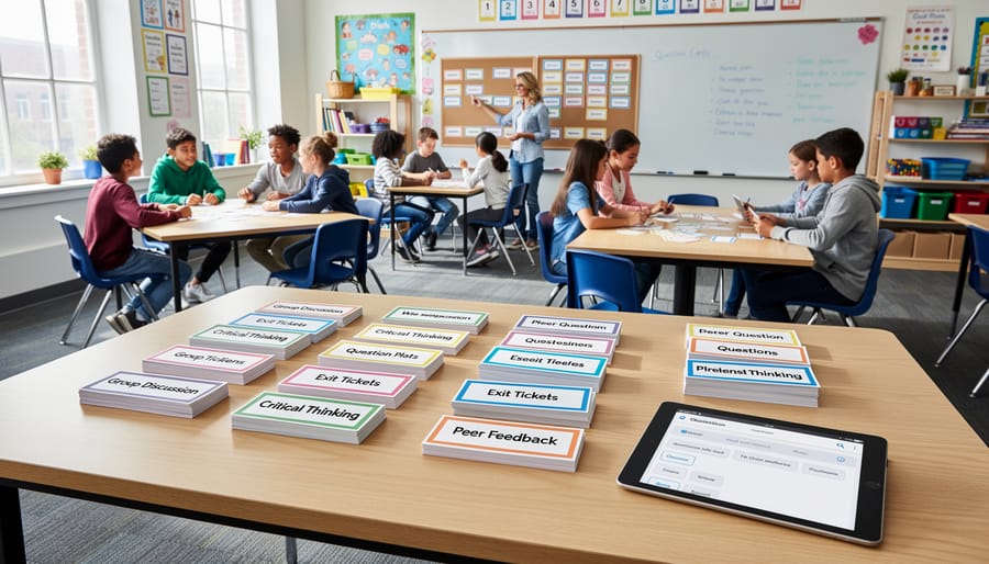Overhead view of organized teaching materials with question cards and planning tools on desk