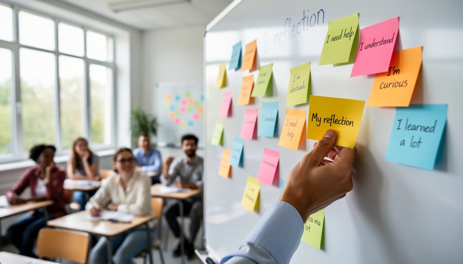 Colorful sticky notes with student reflections organized in groups on teacher's desk