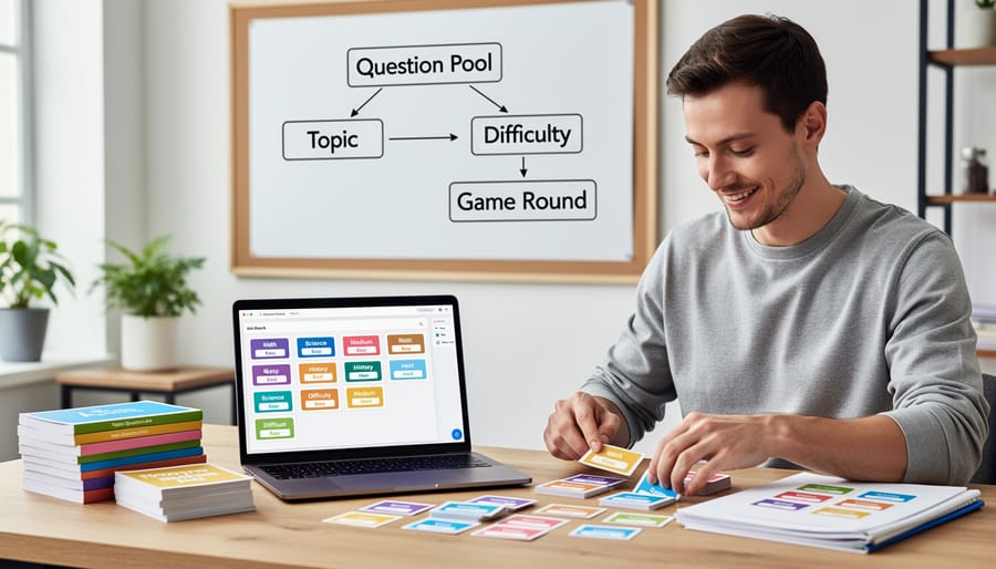 Teacher organizing colorful question cards and notes on desk from overhead view