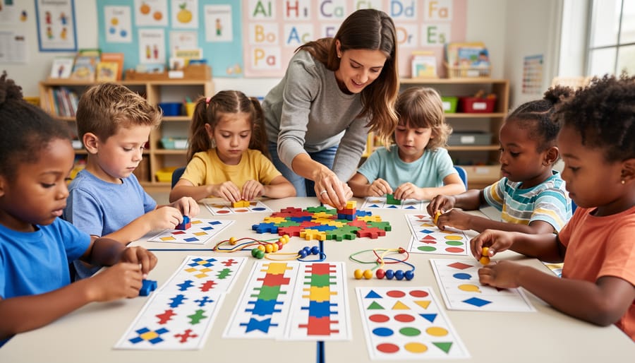 Child's hands creating colorful pattern sequence with educational blocks
