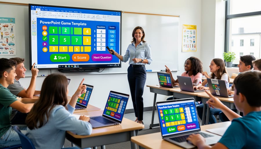 Teacher presenting interactive PowerPoint game to engaged elementary students