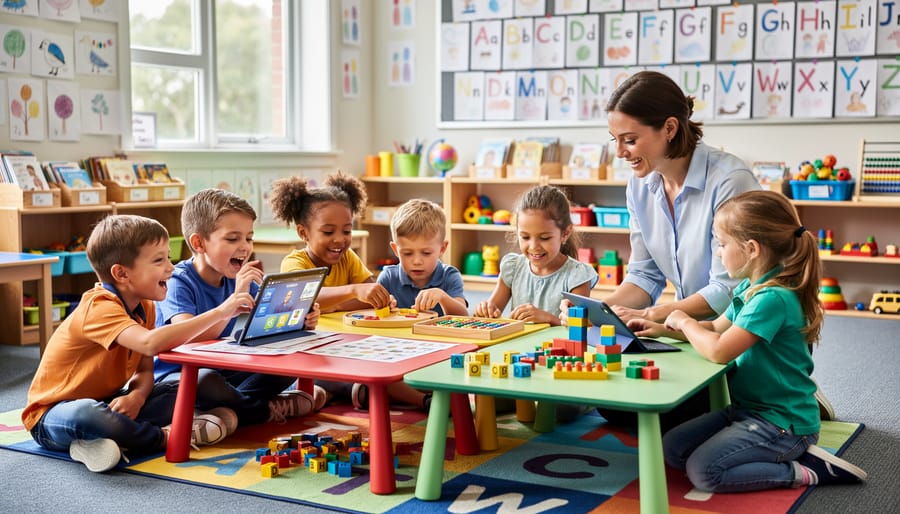 Diverse preschool children sitting in circle looking at interactive screen during learning activity