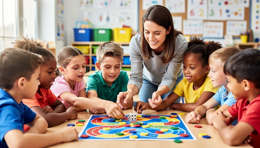 Teacher guiding diverse 7–8-year-olds playing a colorful educational board game with dice and tokens at a low classroom table, soft daylight, blurred shelves and posters in the background.