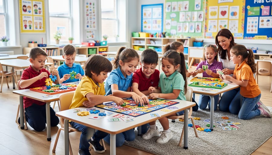 Group of Primary 2 students sitting in circle playing educational game with colorful cards