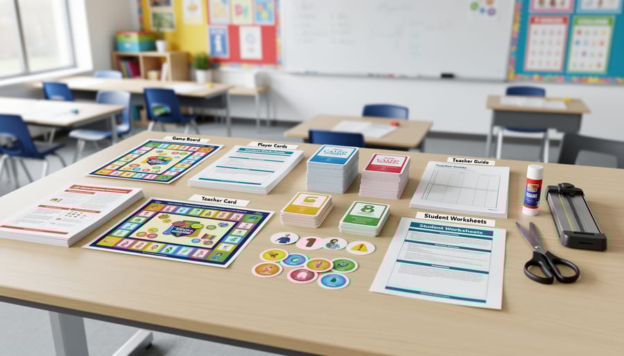Teacher preparing game materials including worksheets, markers, and timer on classroom table