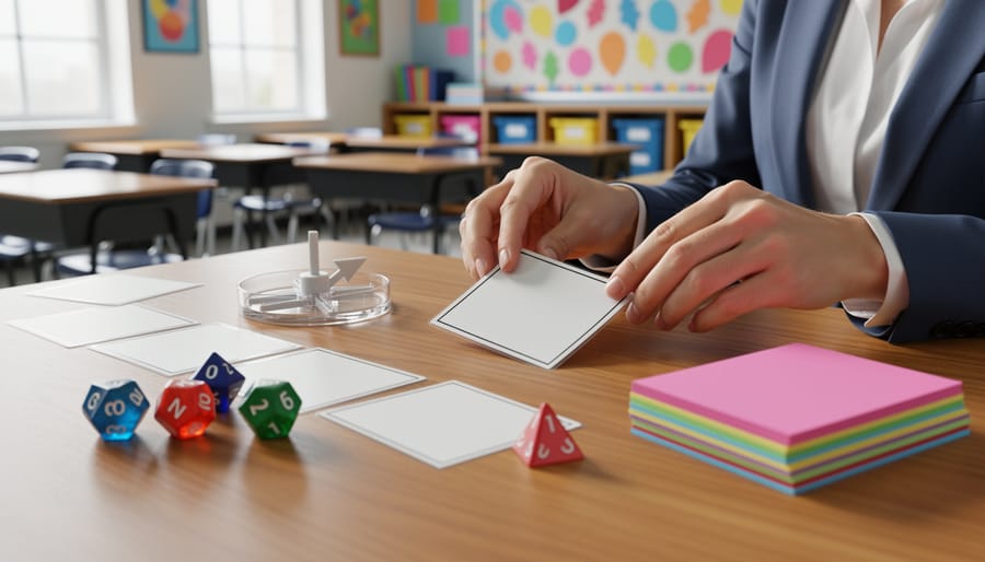 Teacher’s hands arrange laminated blank cards, a spinner arrow, colorful dice, and stacks of bright cardstock on a classroom table, with desks and shelves blurred in the background.